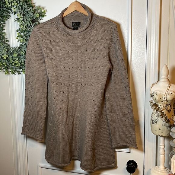 EUC Pure Handknit Taupe Roll Neck Bell Sleeve Sweater Dress S/M - Picture 2 of 8